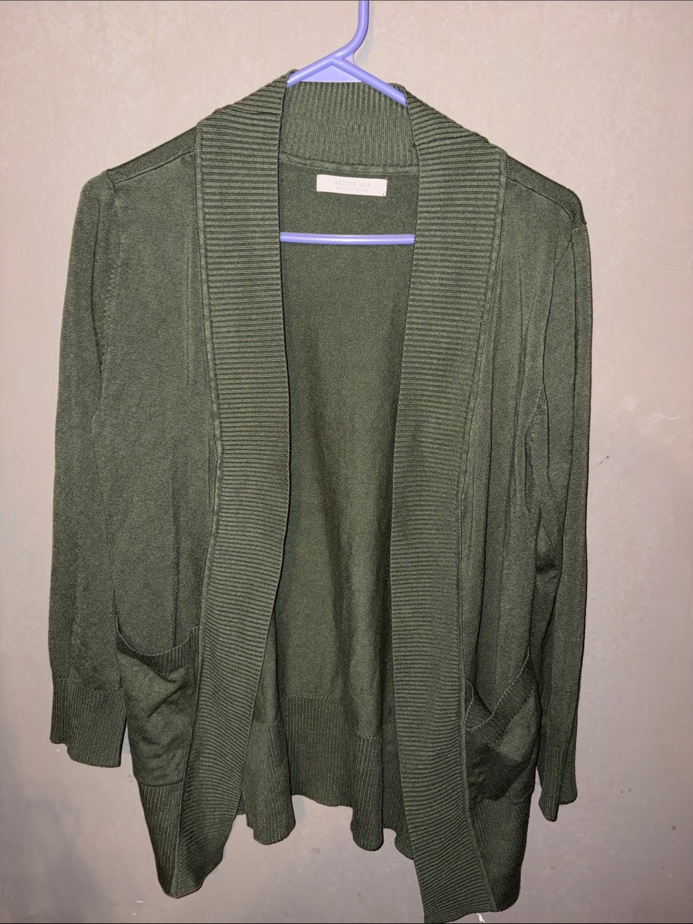 Active USA Olive Open-Front Ribbed Shawl Collar Cardigan